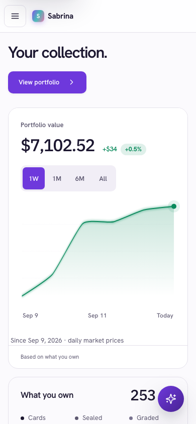 Sabrina home screen on a phone: portfolio value and what you own