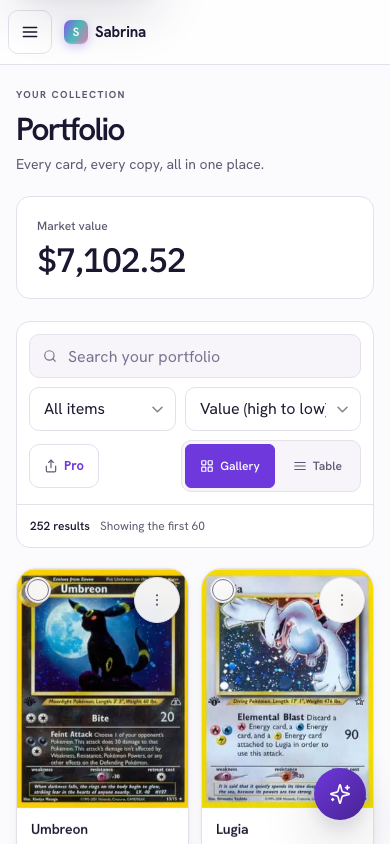 Sabrina portfolio on a phone: every card with its value
